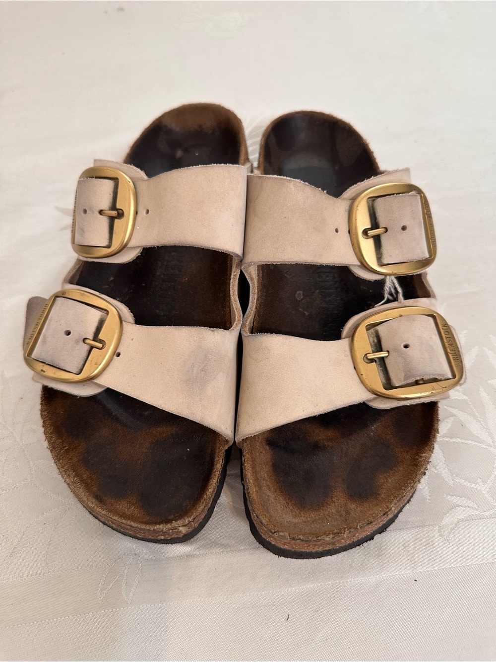 Birkenstock Double-Buckle Suede Slide Sandals in Light Beige